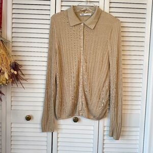 Zara beige Ribbed Button-Up Cardigan, Silk - L
